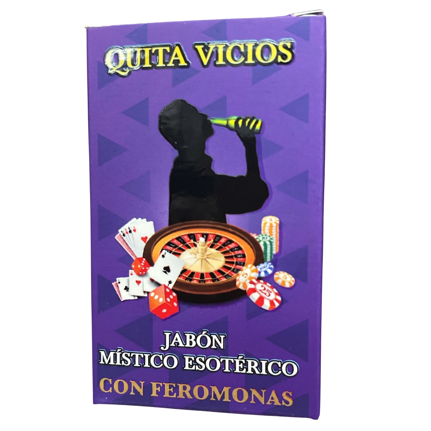 A purple rectangular product box with Spanish text reading 'QUITA VICIOS', 'JABÓN MÍSTICO ESOTÉRICO', and 'CON FEROMONAS'. The front shows a black silhouette of a person holding a bottle above a roulette wheel, cards, dice, and chips on a purple background with darker triangular shapes.