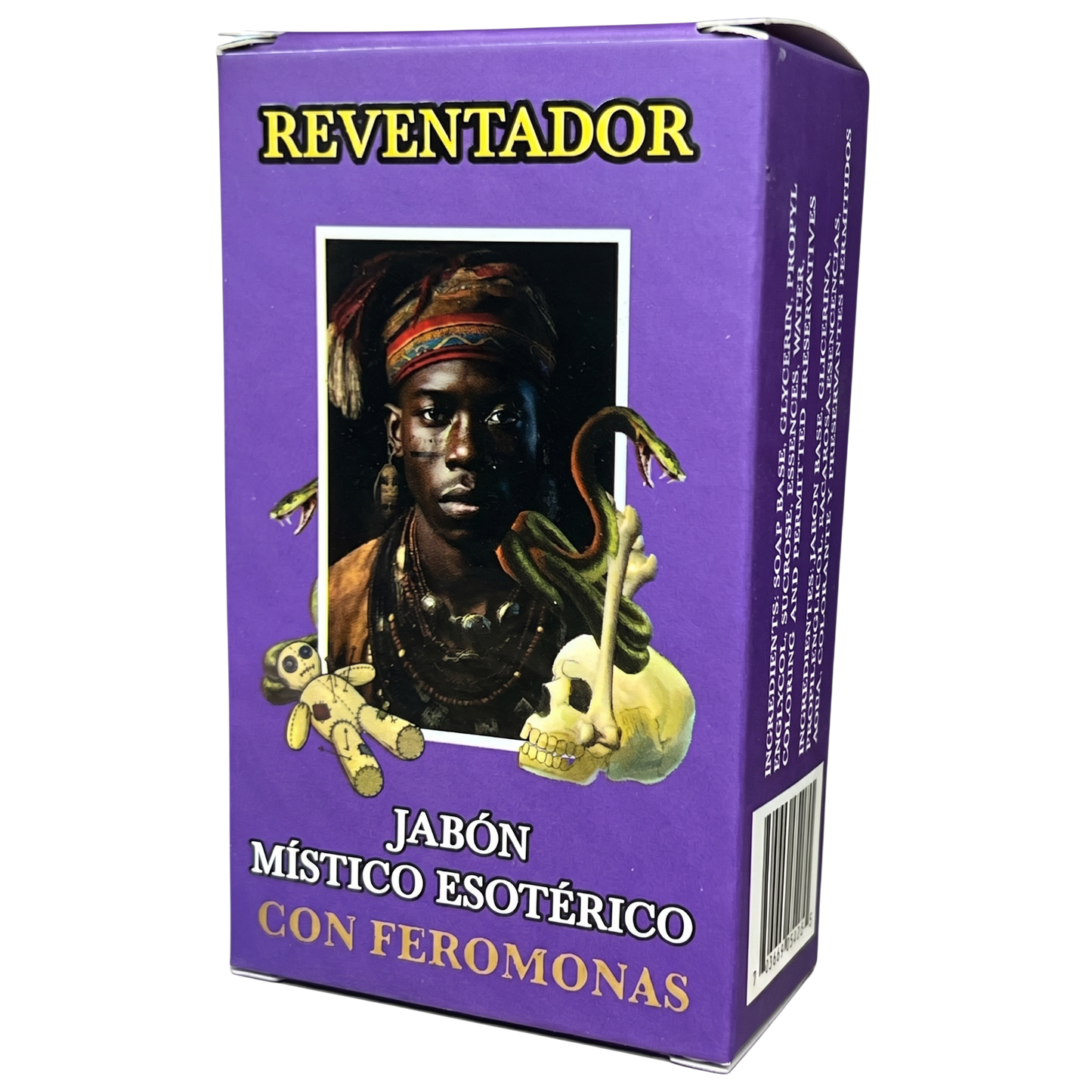 Purple box of Reventador with a mystical design and text