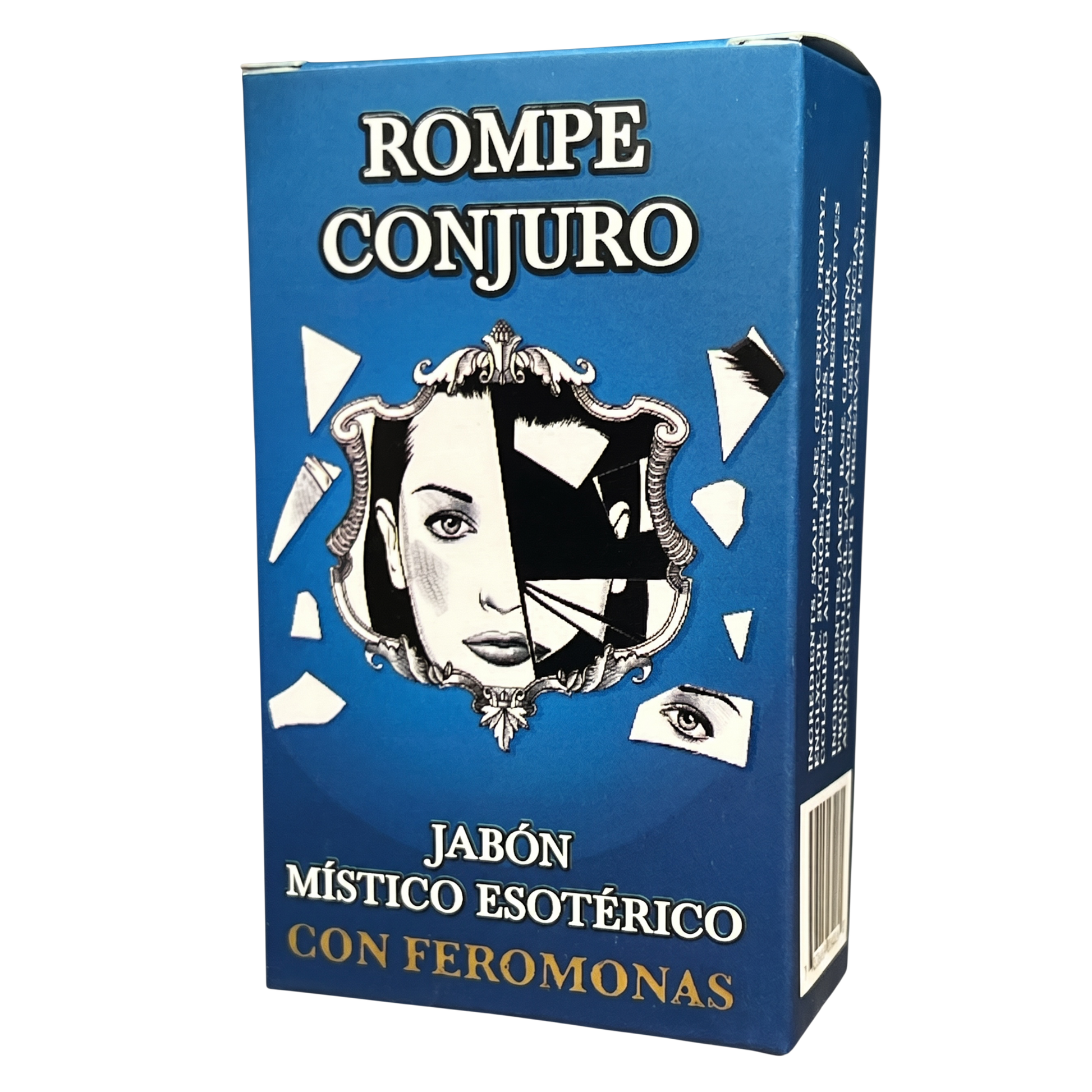 Blue box of 'Rompe Conjuro' with a face design and text on a white background