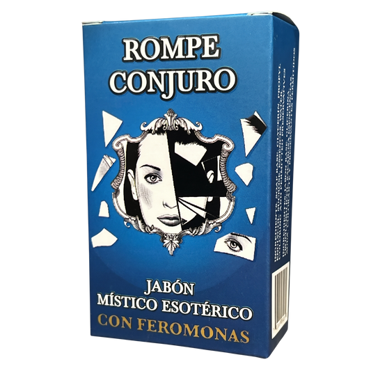Blue box of 'Rompe Conjuro' with a face design and text on a white background