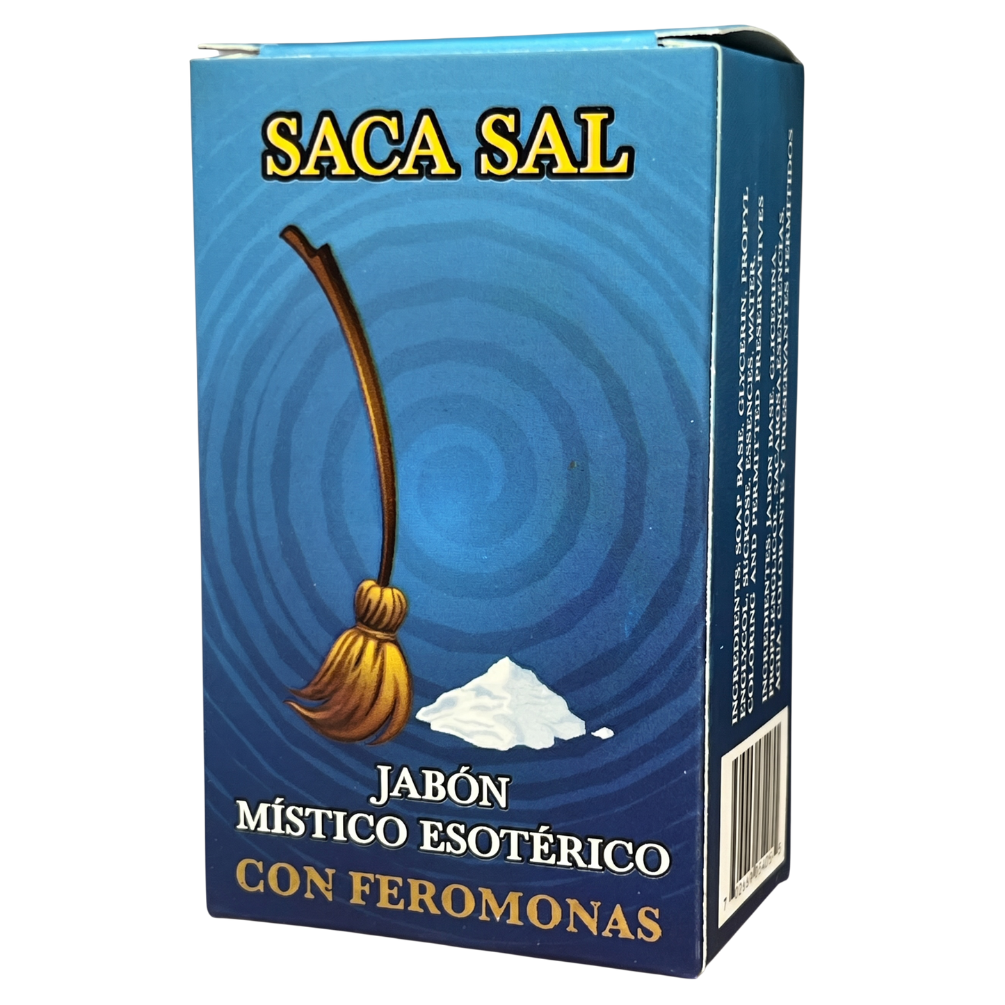 Box of 'Saca Sal' with a broom and salt illustration on a blue background