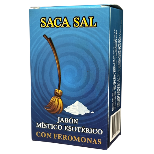 Box of 'Saca Sal' with a broom and salt illustration on a blue background