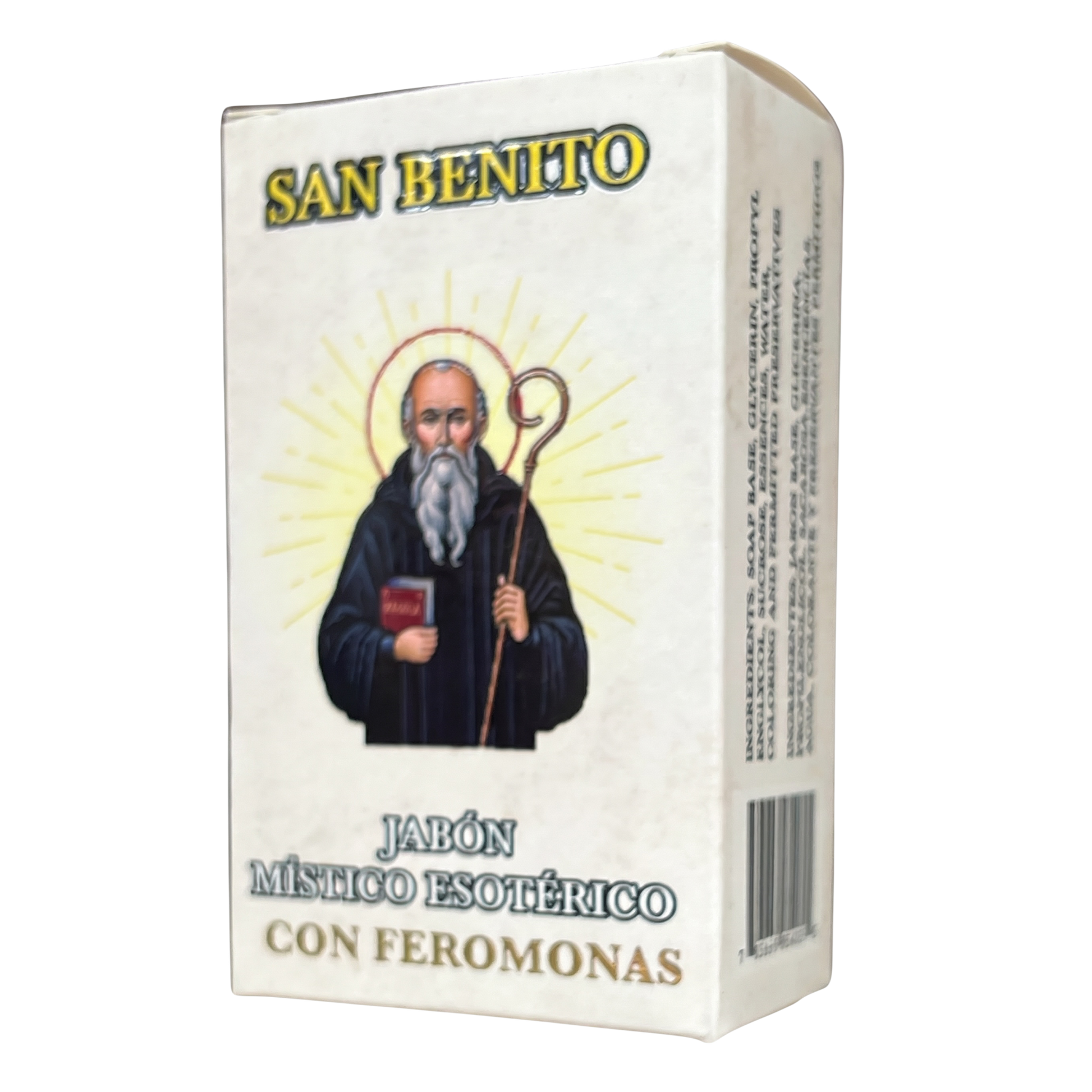 Box of San Benito soap with a depiction of a religious figure on the packaging.