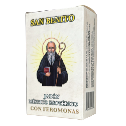 Box of San Benito soap with a depiction of a religious figure on the packaging.