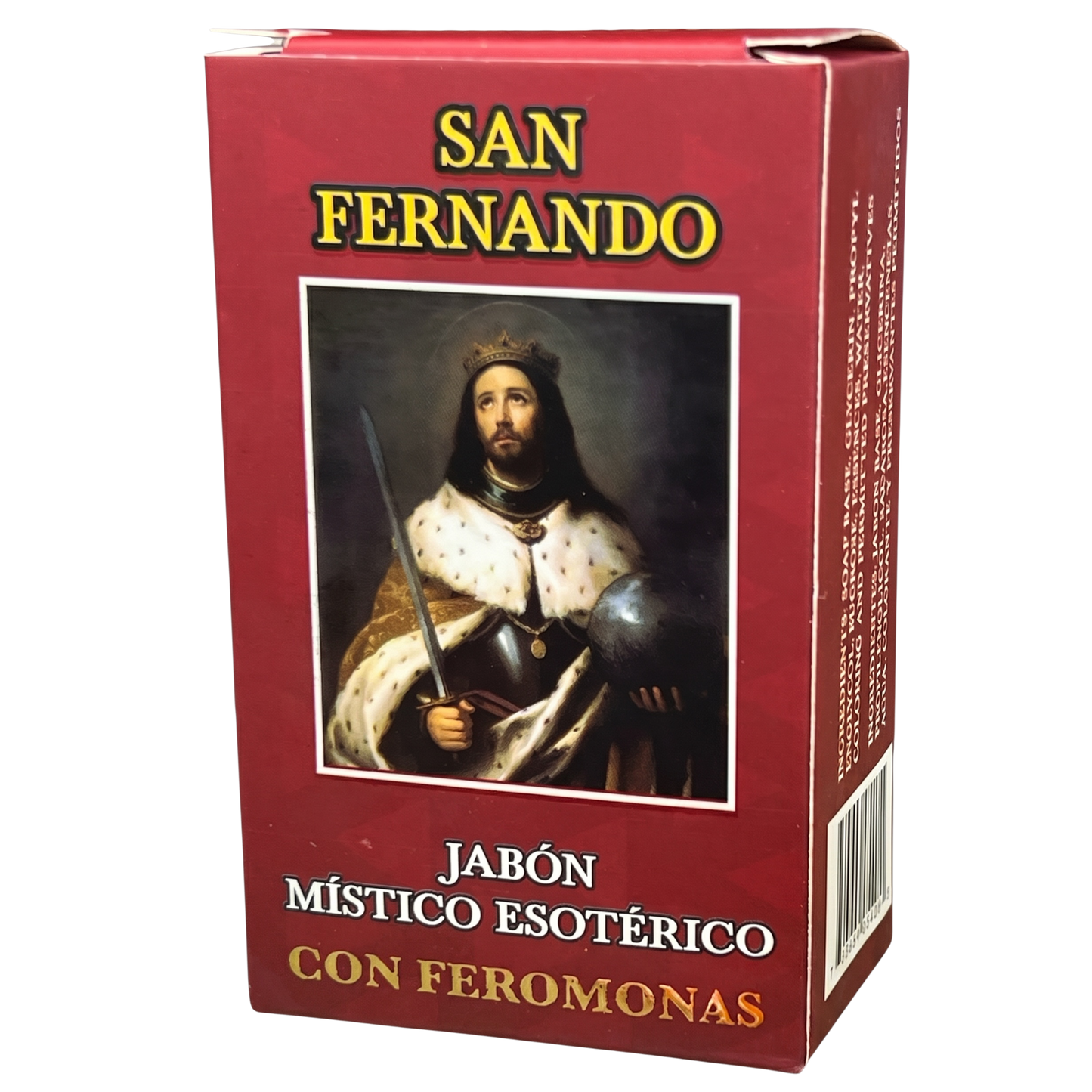 Box of San Fernando soap with a historical figure on a red background