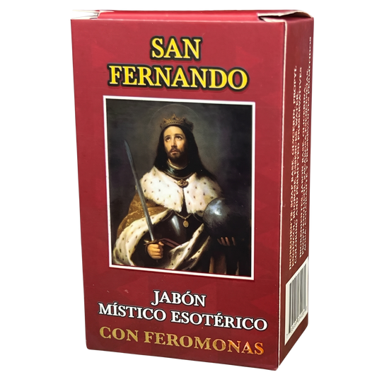 Box of San Fernando soap with a historical figure on a red background
