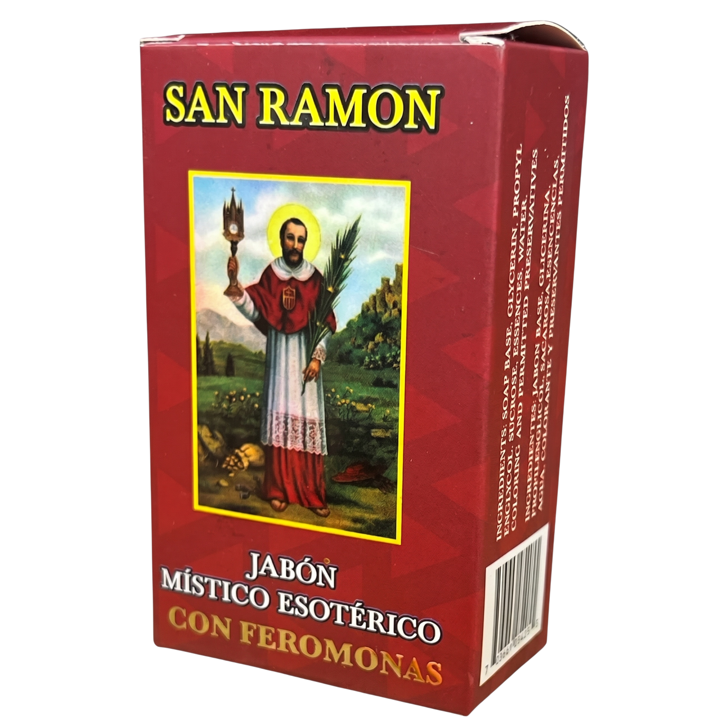 Red box of San Ramon soap with an image of a saint on a white background