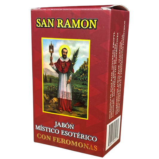 Red box of San Ramon soap with an image of a saint on a white background