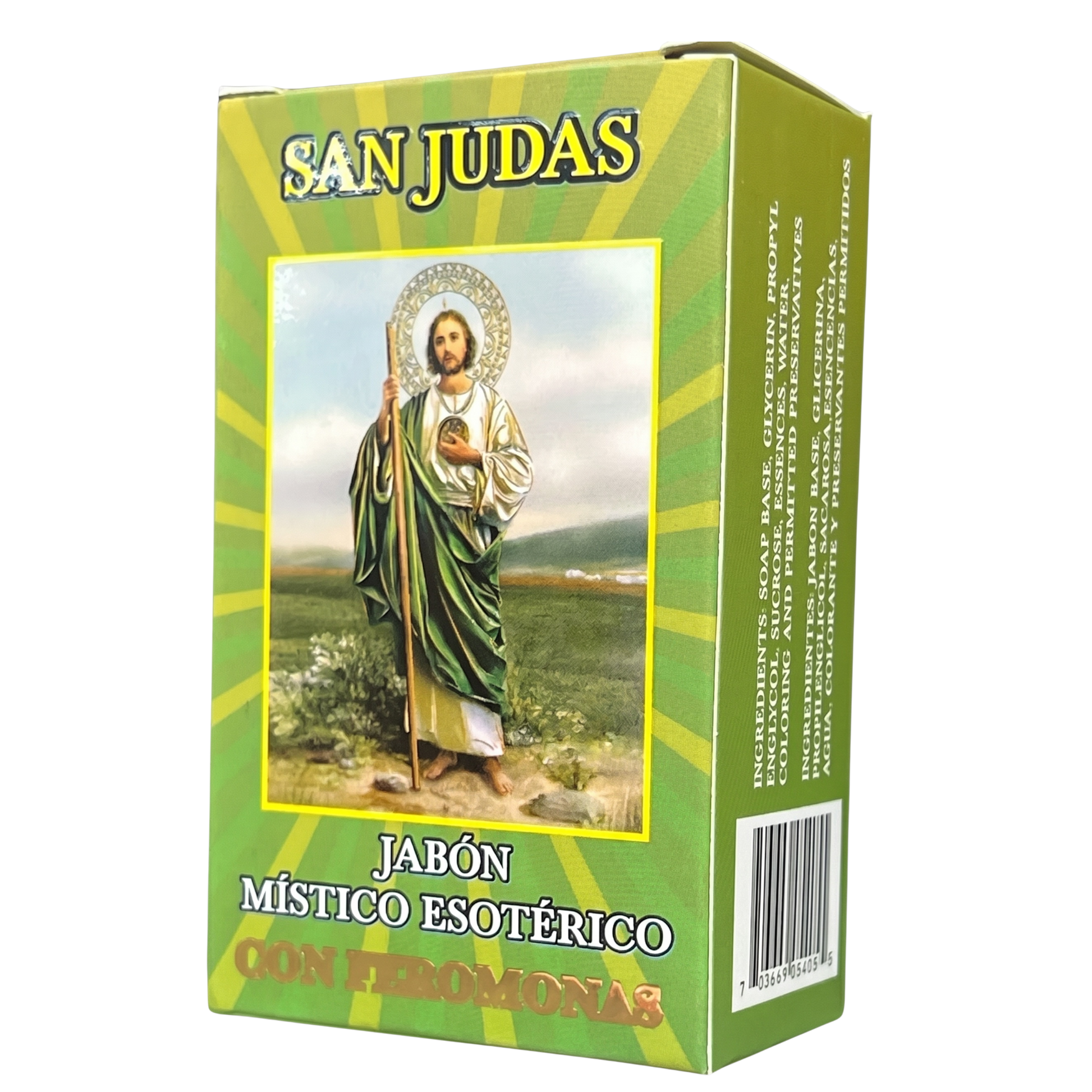 Green box with an image of a religious figure and text on a white background