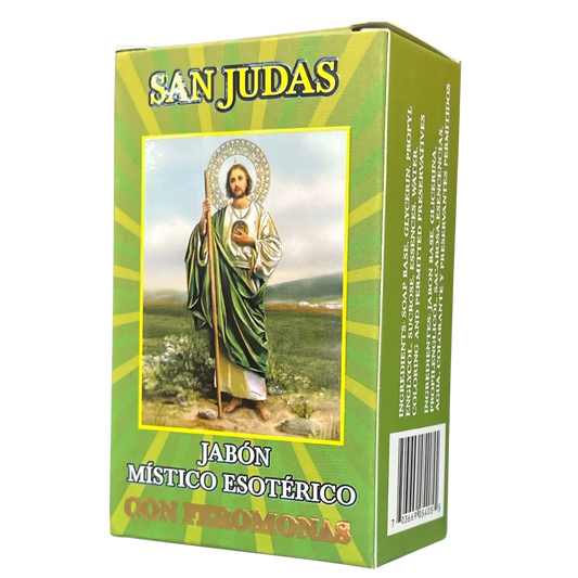 Green box with an image of a religious figure and text on a white background