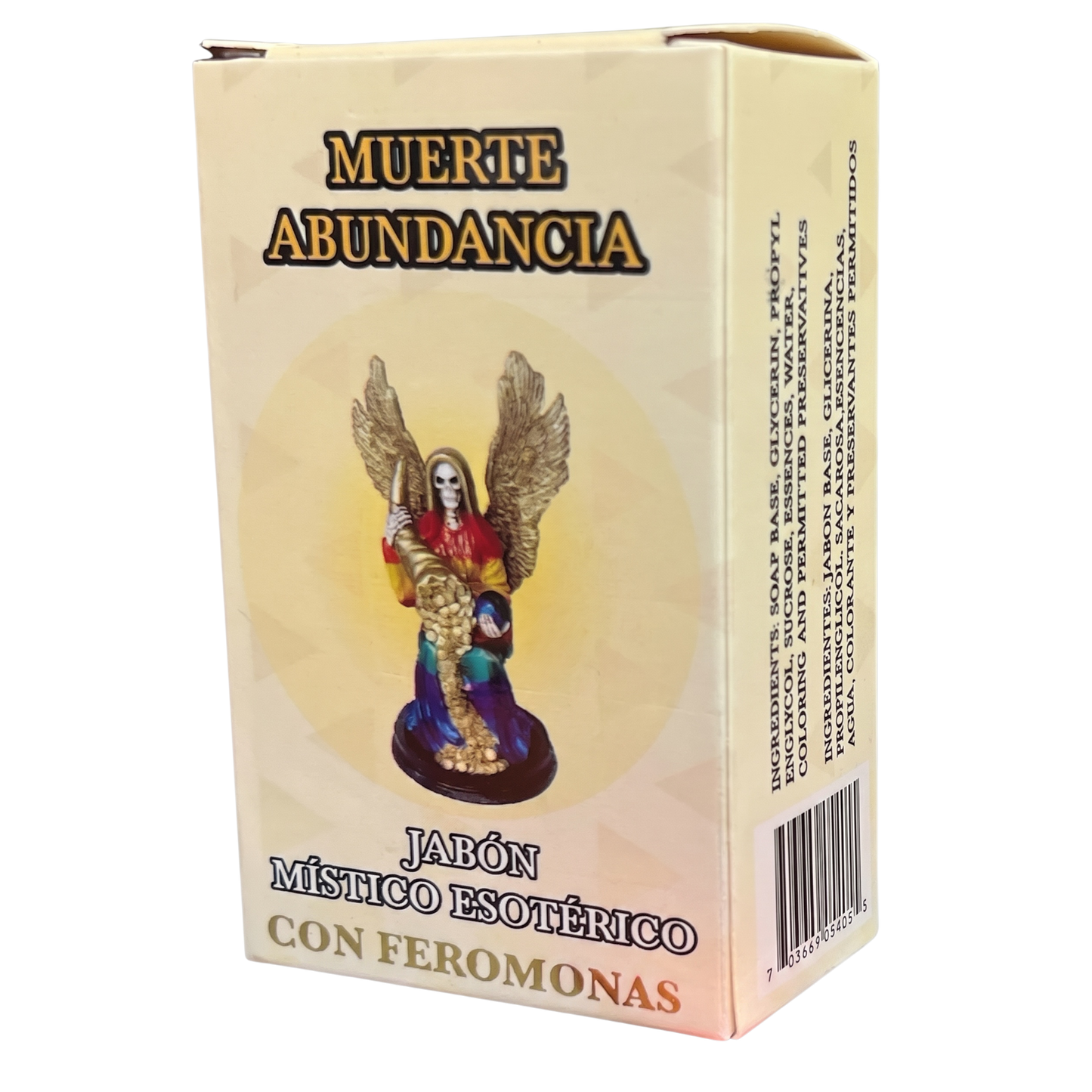 Box of 'Muerte Abundancia' with a figurine on a beige background