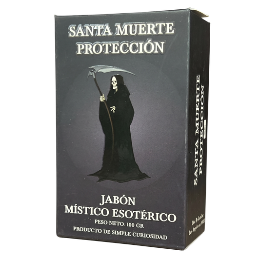 Box of 'Santa Muerte Proteccion' soap with a silhouette of a Grim Reaper on a dark background.