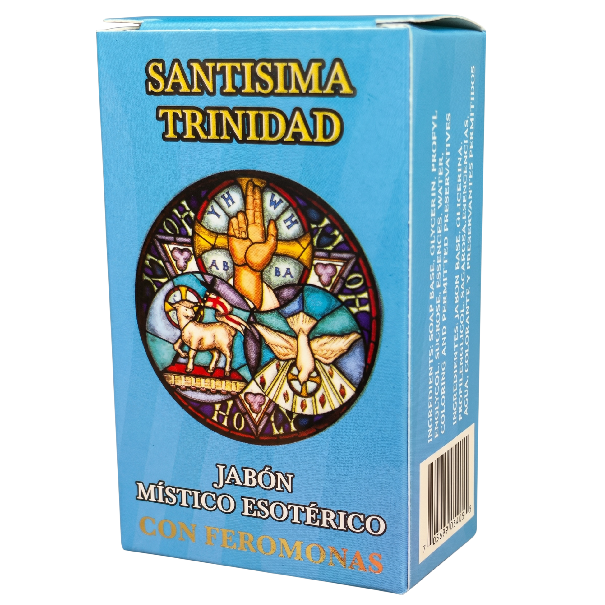 Blue box of 'Santisima Trinidad' with religious design and text on a white background