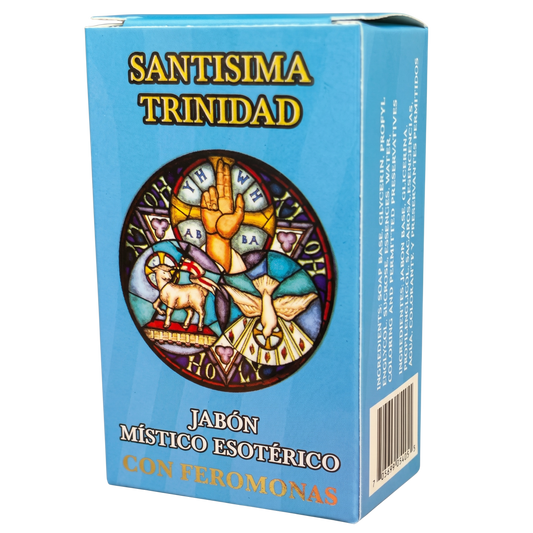 Blue box of 'Santisima Trinidad' with religious design and text on a white background