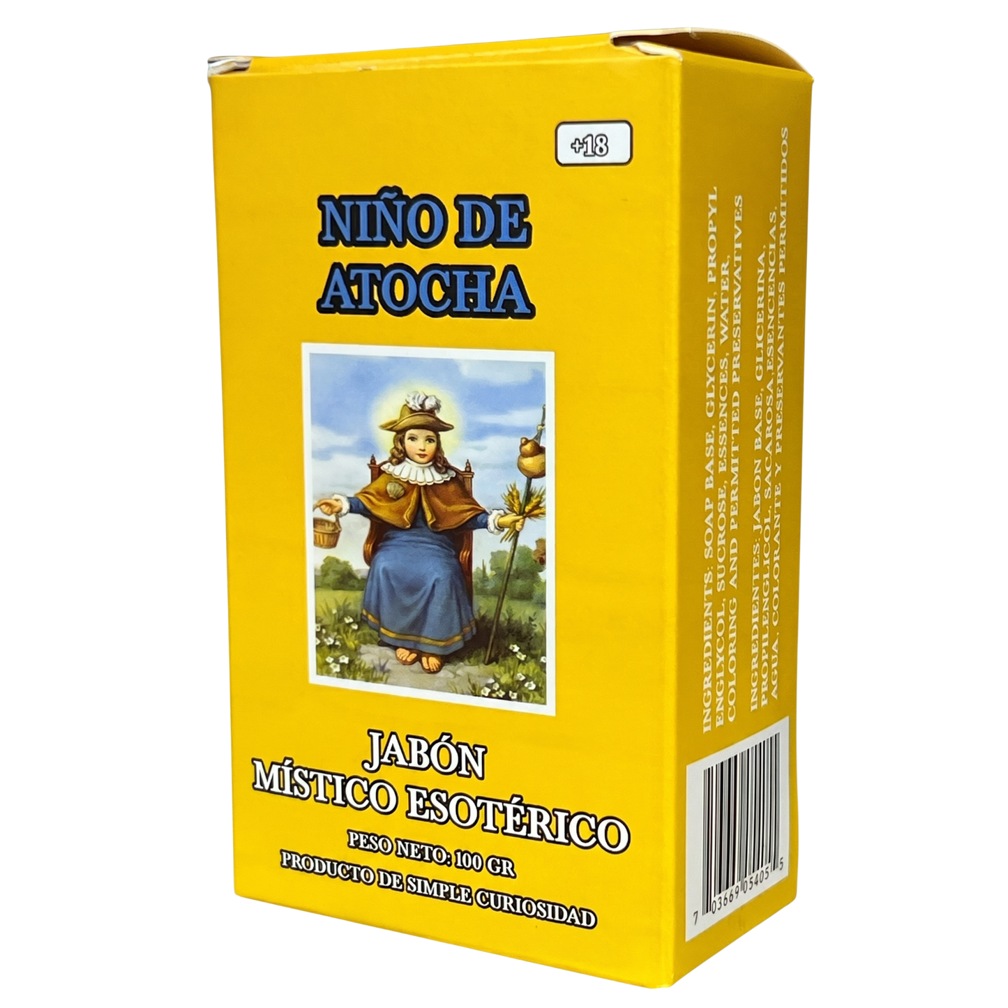 Yellow box of 'Nino de Atocha' with an illustration of a person holding a jar and a stick on a white background.