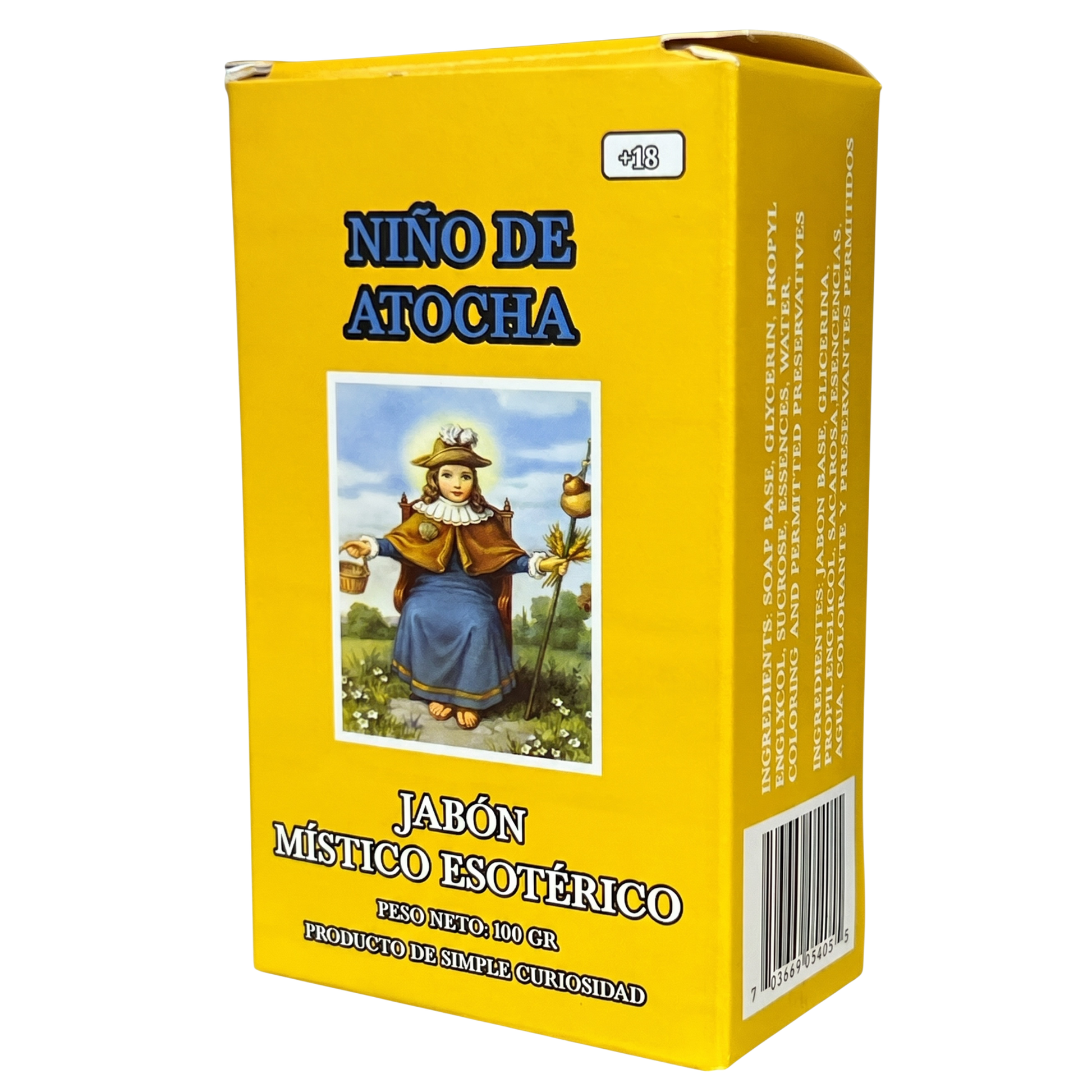 Yellow box of 'Nino de Atocha' with an illustration of a person holding a jar and a stick on a white background.