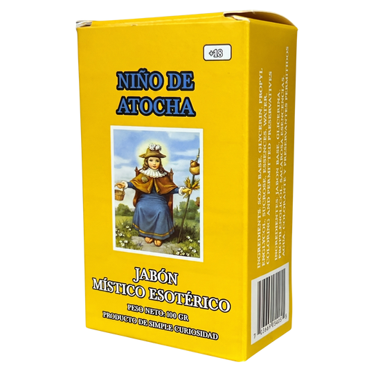 Yellow box of 'Nino de Atocha' with an illustration of a person holding a jar and a stick on a white background.