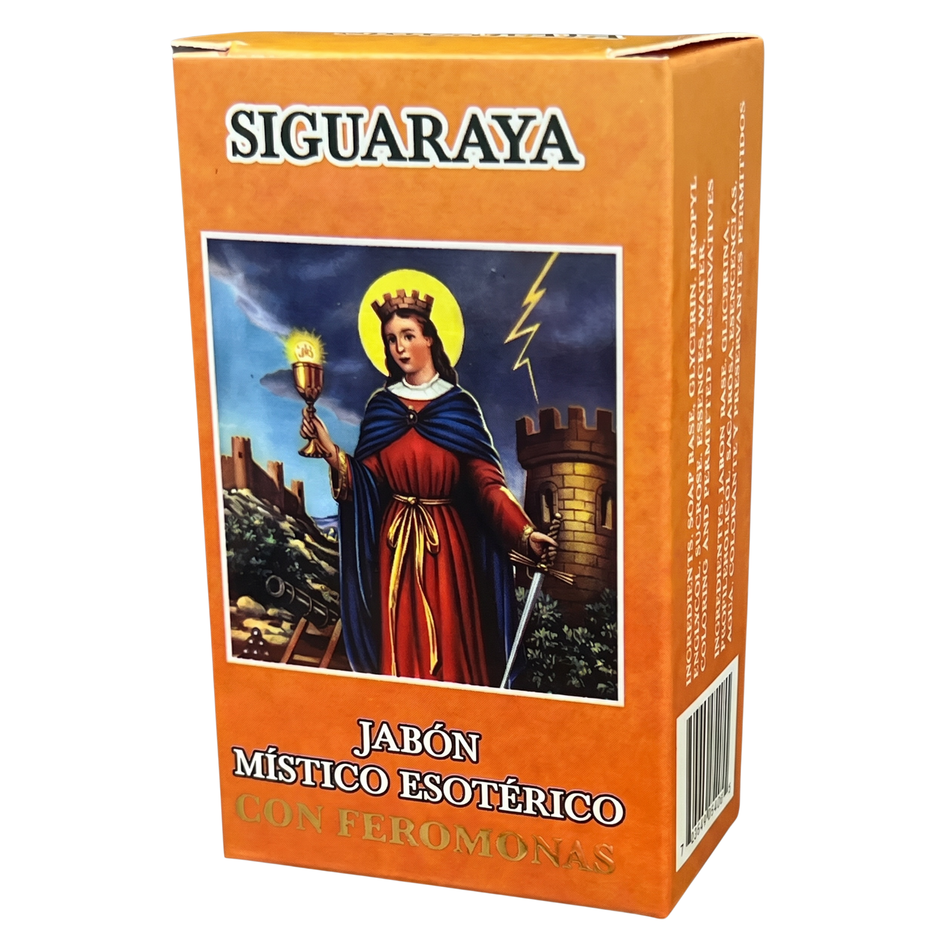Orange box of Siguaraya with an image of a woman holding a candle and sword on a white background