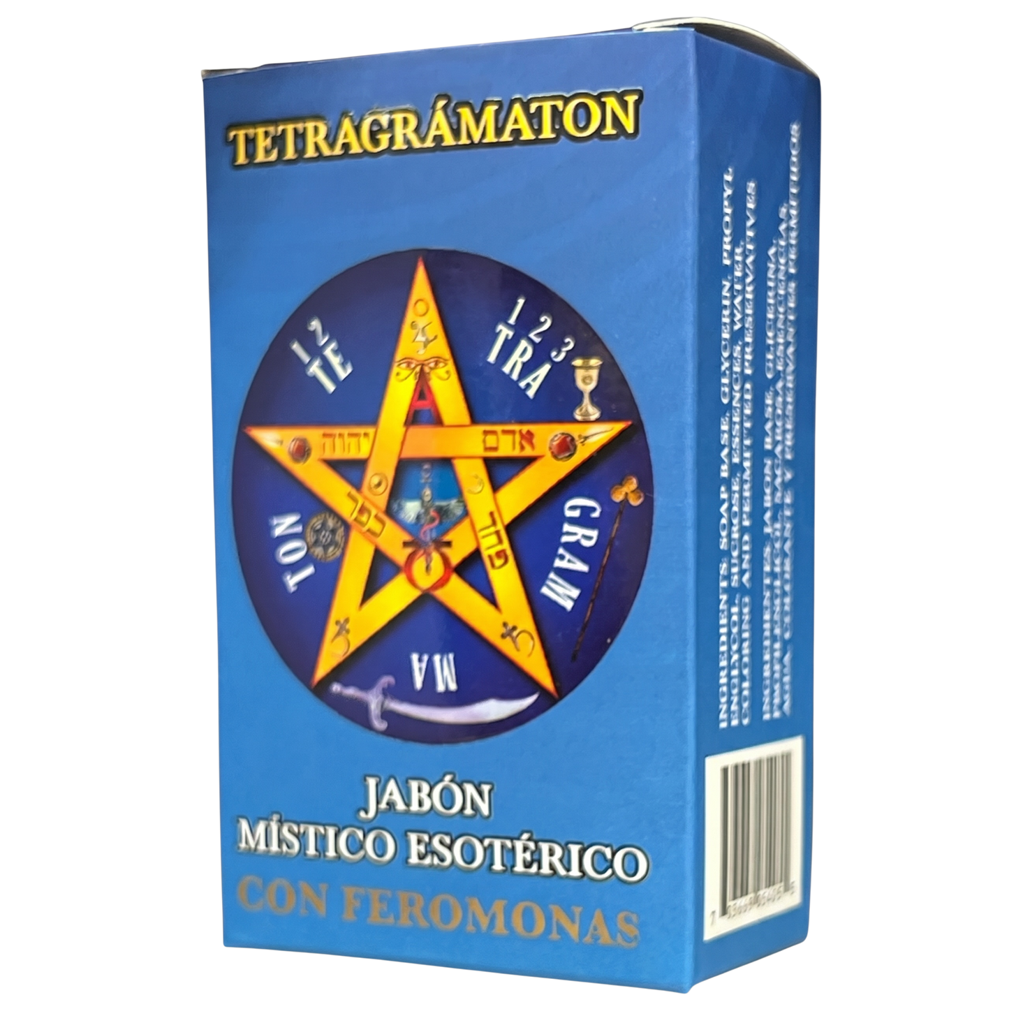 Blue box of Tetragramaton with a star design and text on a white background