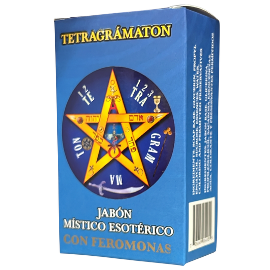 Blue box of Tetragramaton with a star design and text on a white background