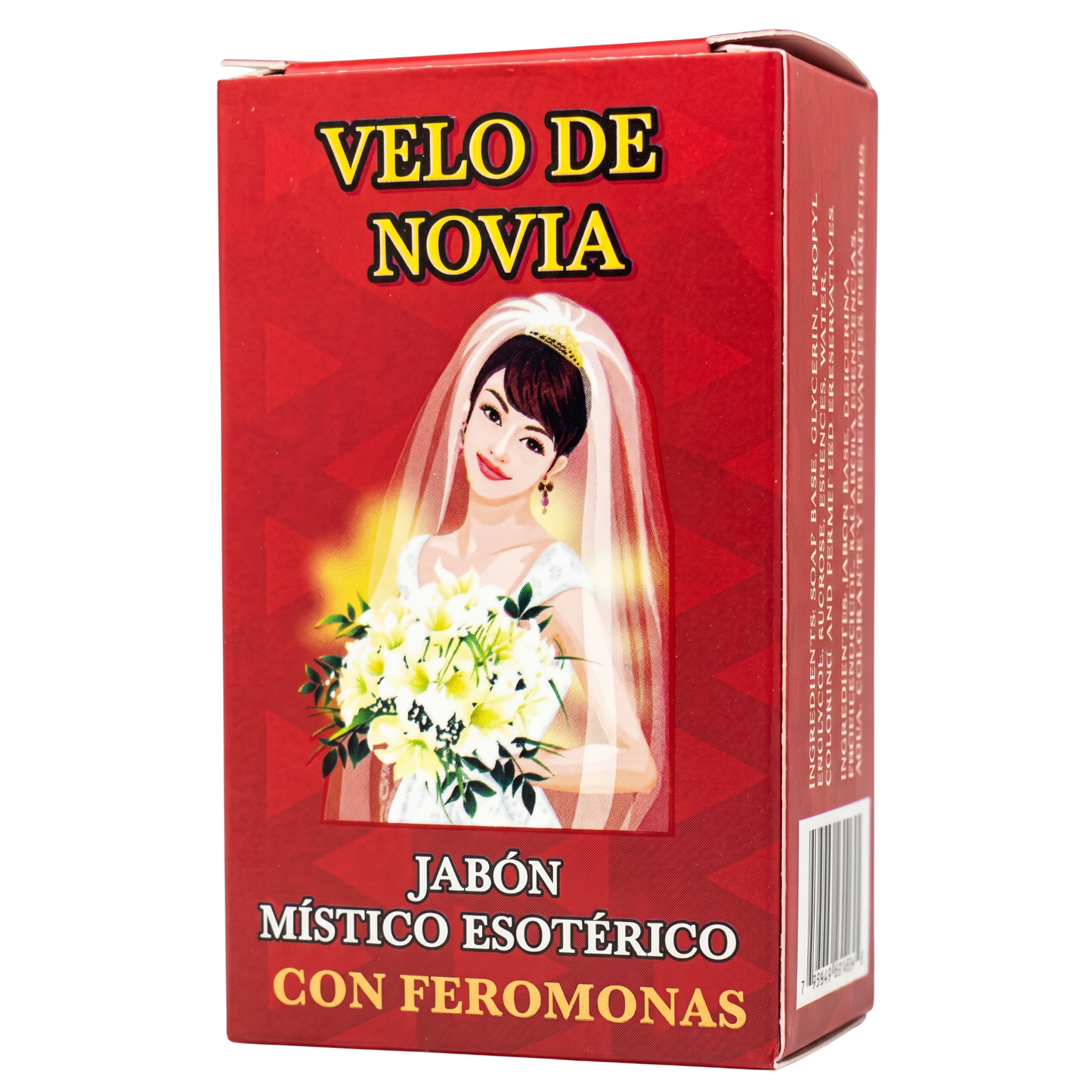 Red box of 'Velo de Novia' with a bride and veil on a white background