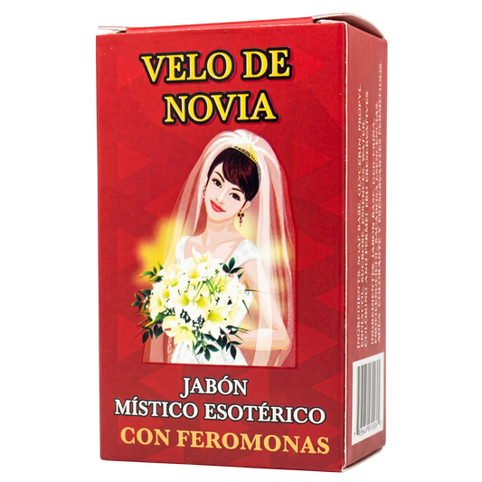 Red box of 'Velo de Novia' with a bride and veil on a white background