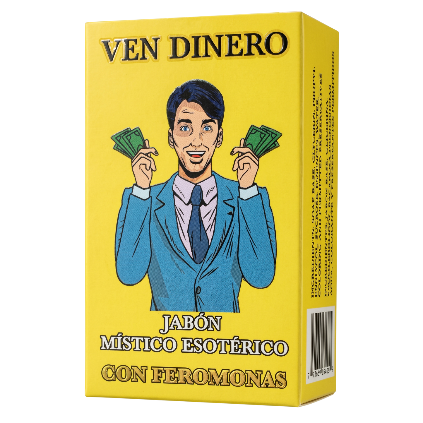 Box of 'Ven Dinero' soap with a person holding money on a yellow background