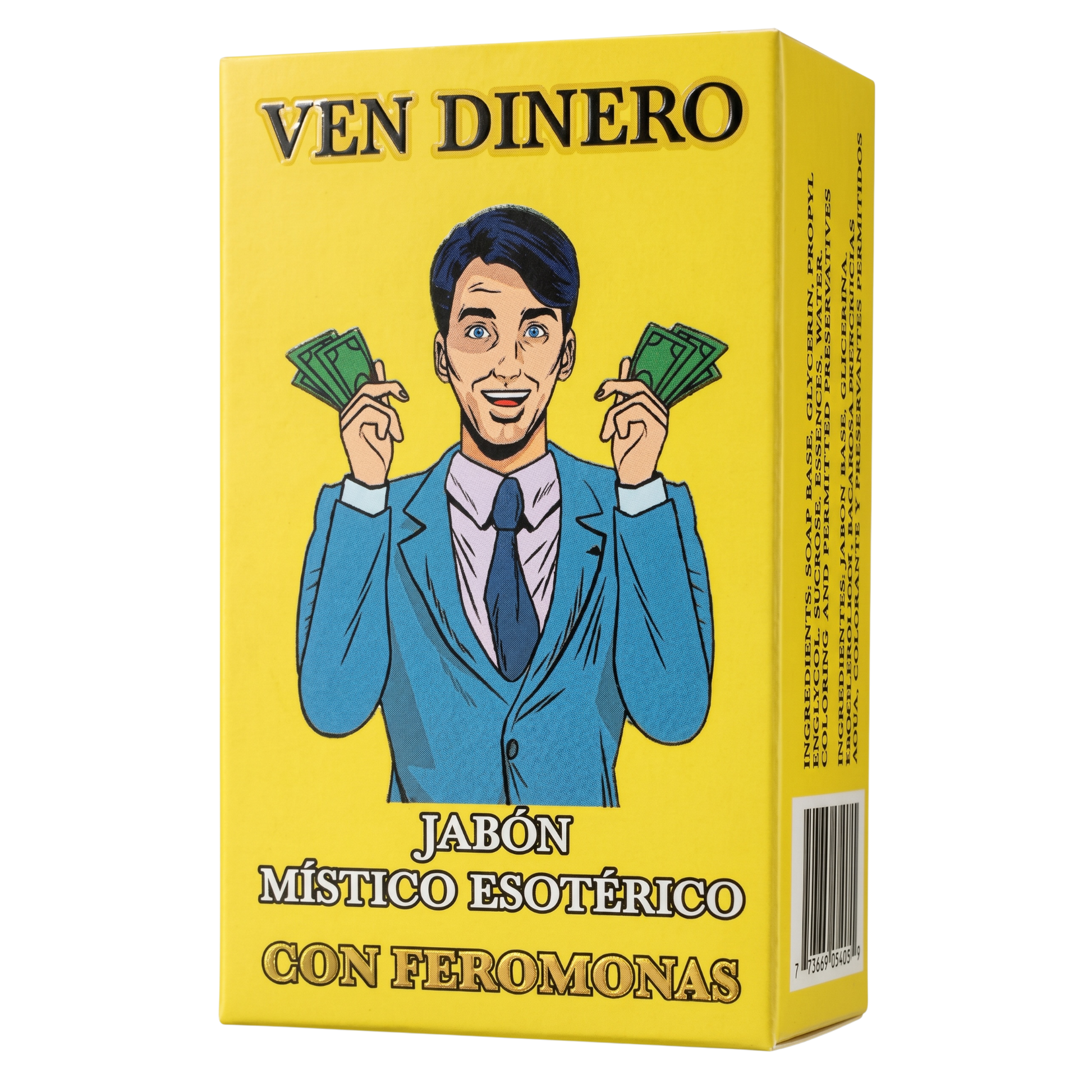 Box of 'Ven Dinero' soap with a person holding money on a yellow background