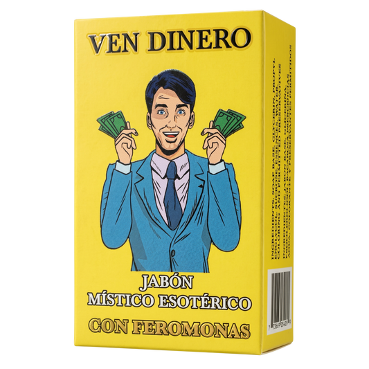 Box of 'Ven Dinero' soap with a person holding money on a yellow background