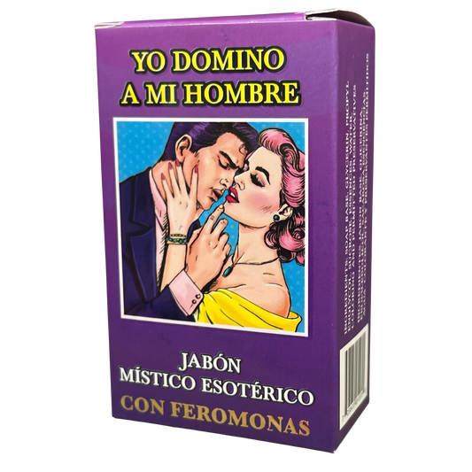 Purple soap packaging with illustration of a man and woman, text in Spanish, and a bar code on a white background.