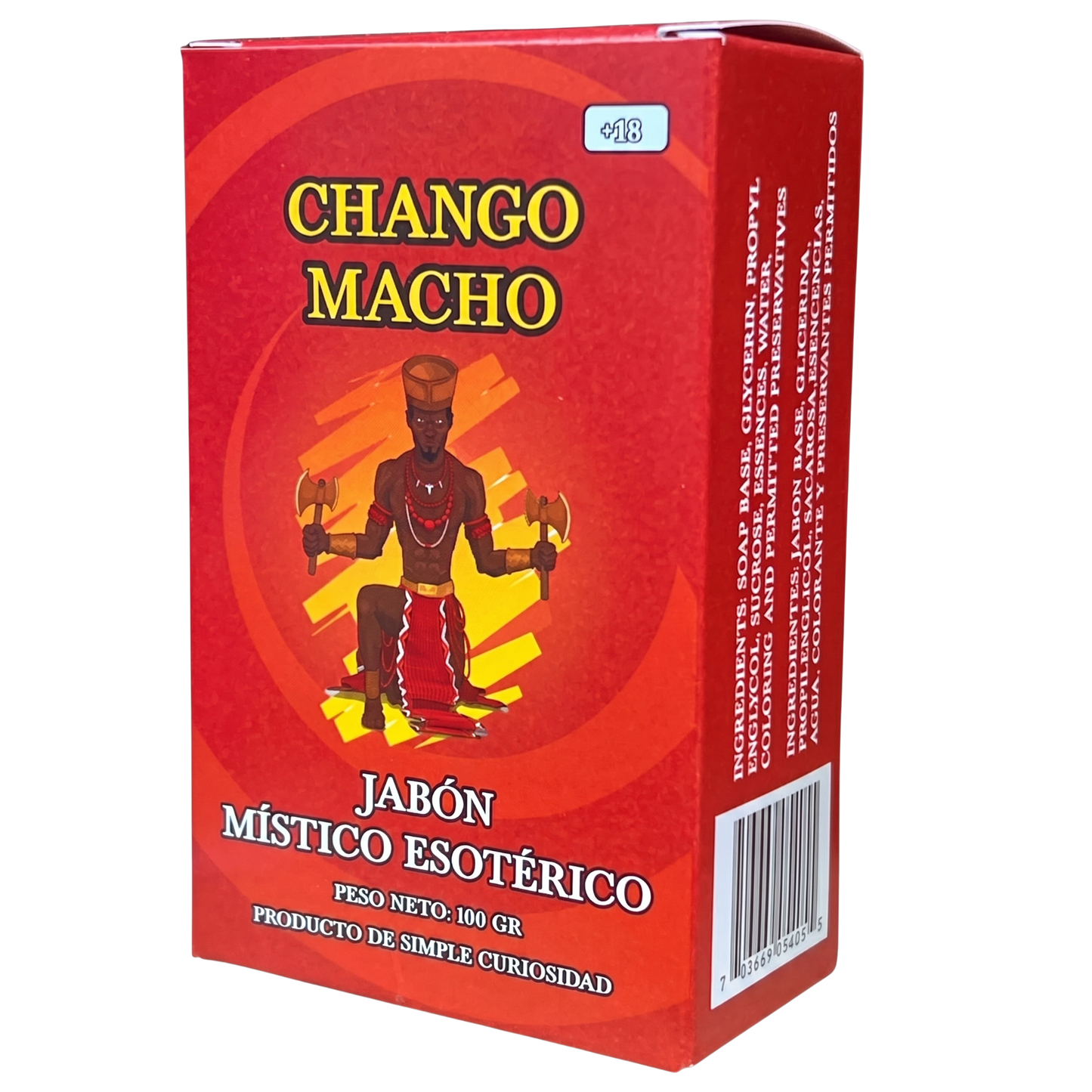 Red box of Chango Macho with an illustration of a figure holding a heart and a staff on a white background.