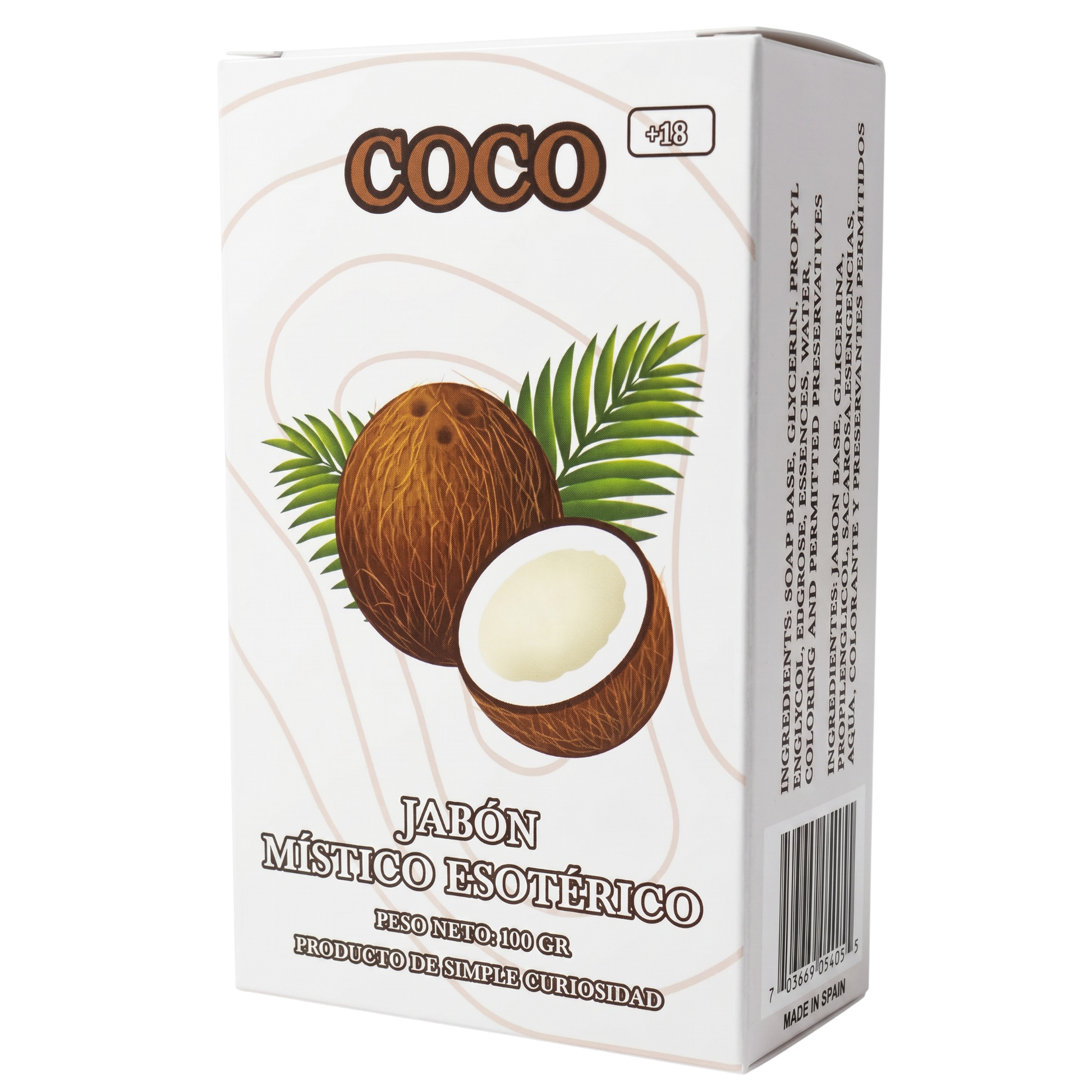 Box of 'Coco' soap with coconuts and palm leaves on a white background