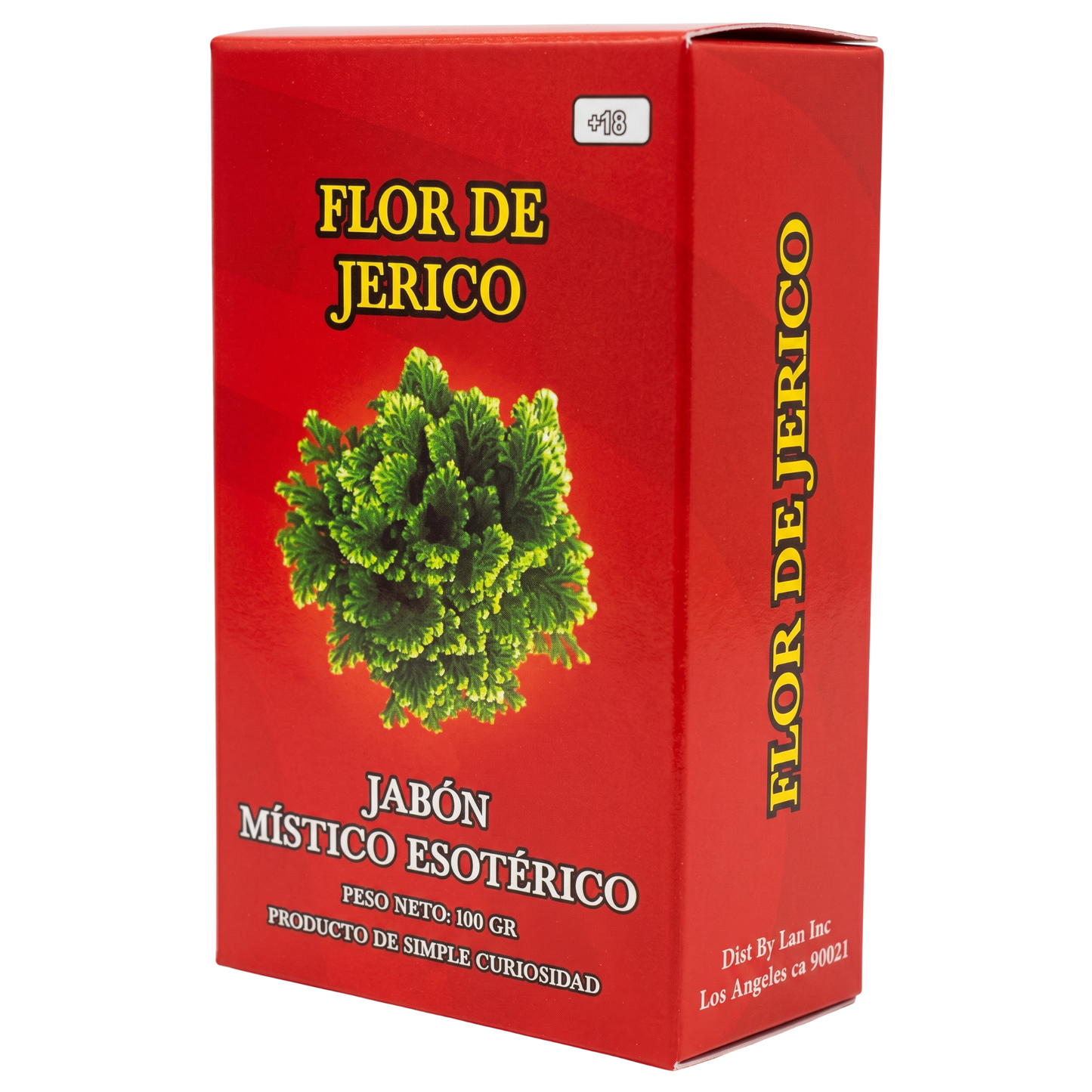 Red box of Flor de Jerico soap with green soap bar image on a white background