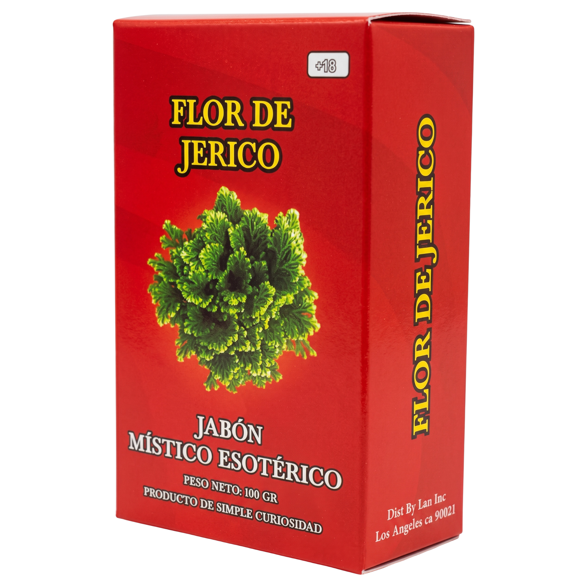 Red box of Flor de Jerico soap with green soap bar image on a white background