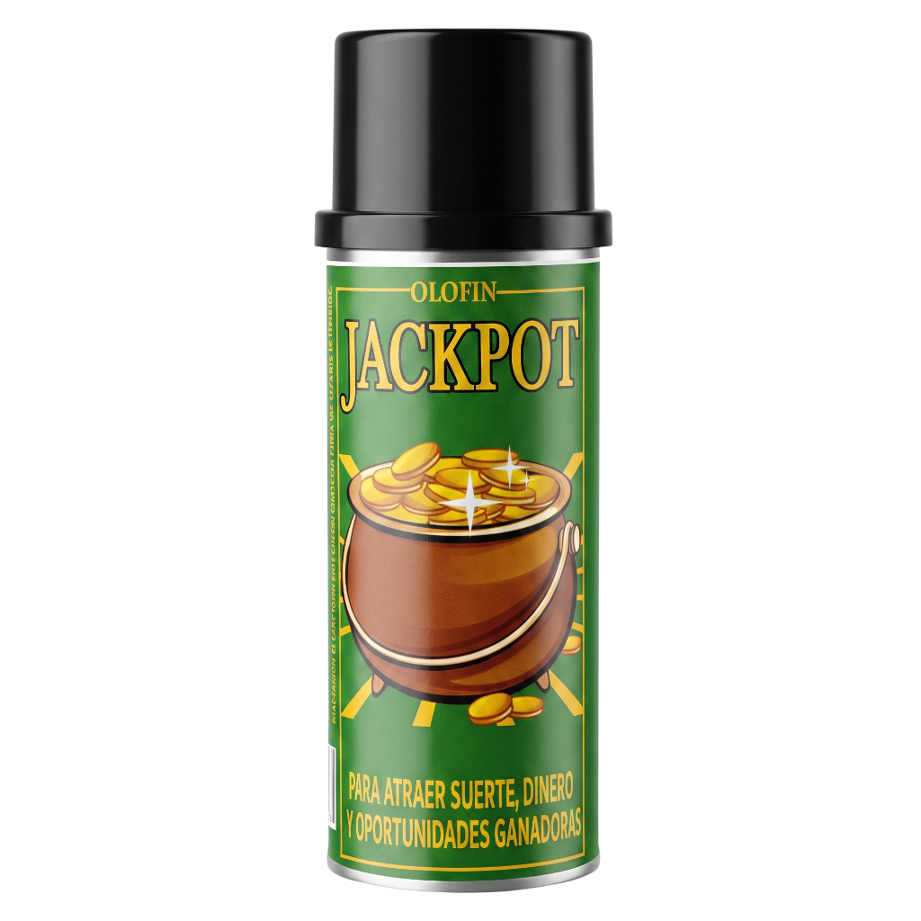 A cylindrical aerosol can with a black cap and a green label featuring the text 'OLOFIN JACKPOT' and an illustration of a pot of gold, shown on a plain white background.