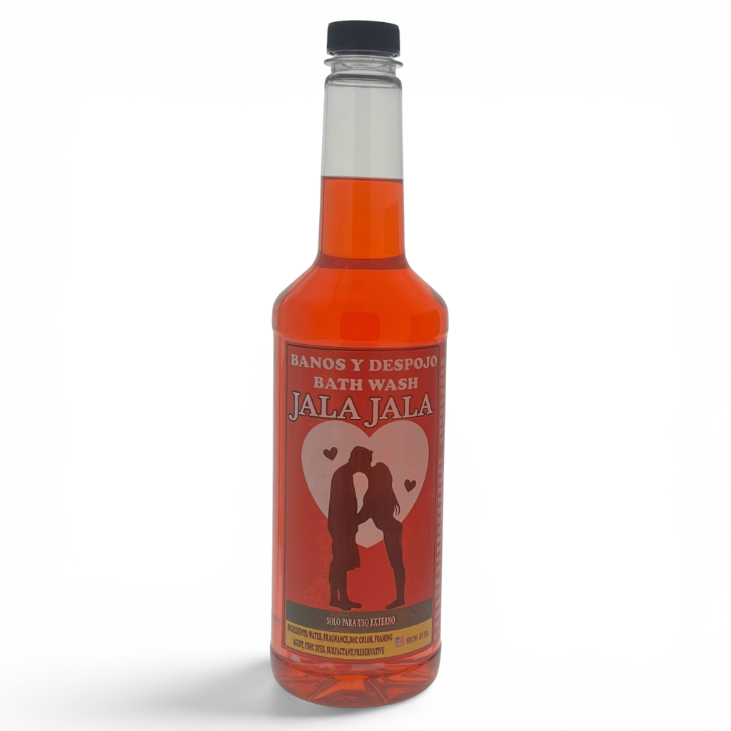 A bottle of Jala Jala bath wash with a red-orange liquid, featuring a red label with a black cap, on a white background.