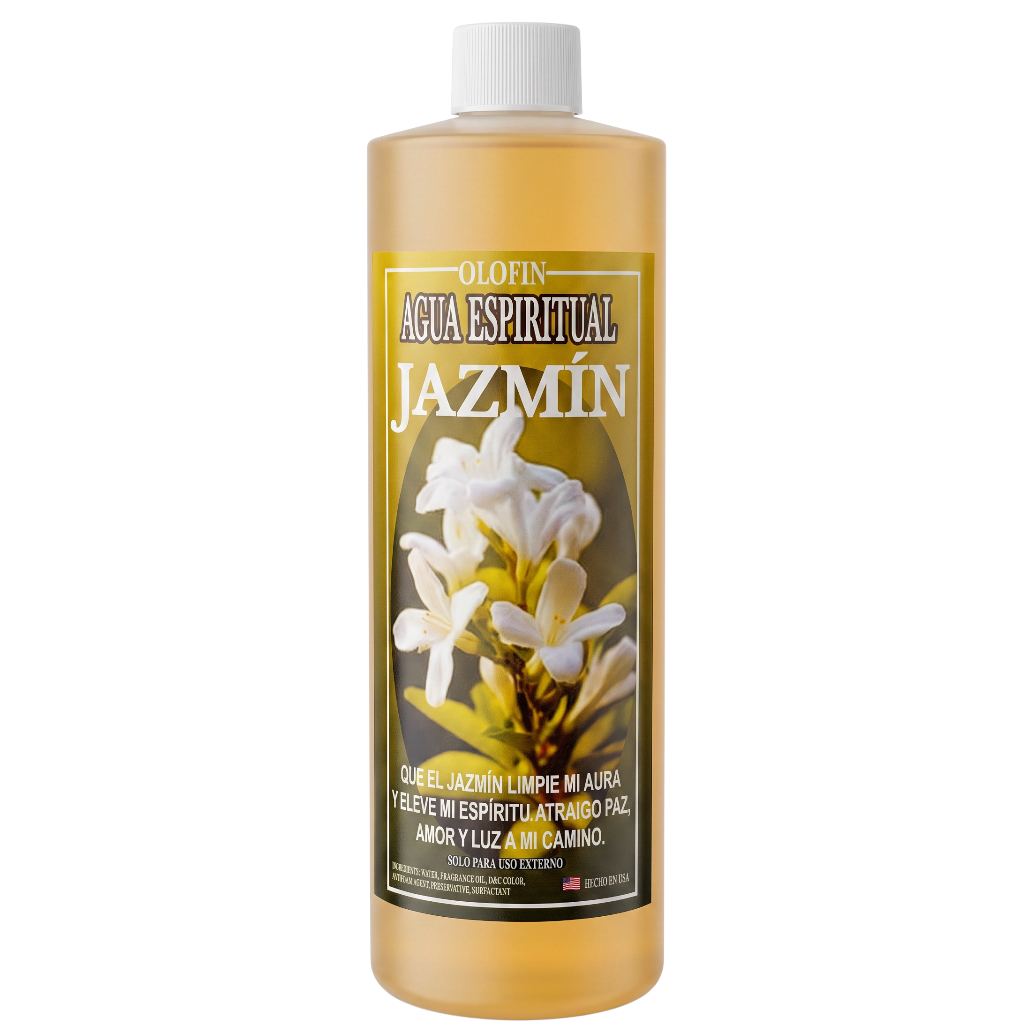 A bottle of Olofin Agua Espiritual Jazmín spiritual water, featuring a white cap and a label with white jasmine flowers on a gold background, set against a plain white backdrop.