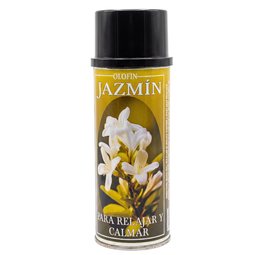 A can of Olofin Jazmin calming spray with a black cap and a label featuring white flowers on a yellow and brown background, set against a plain white background.