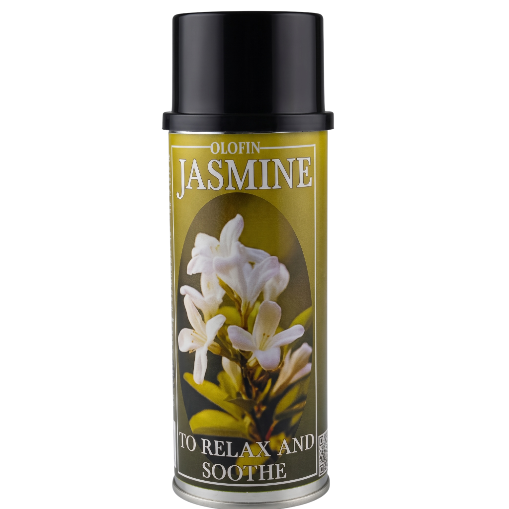 A can of Olofin Jasmine room spray with a black cap and a label featuring white flowers on a gold background, set against a plain white backdrop.