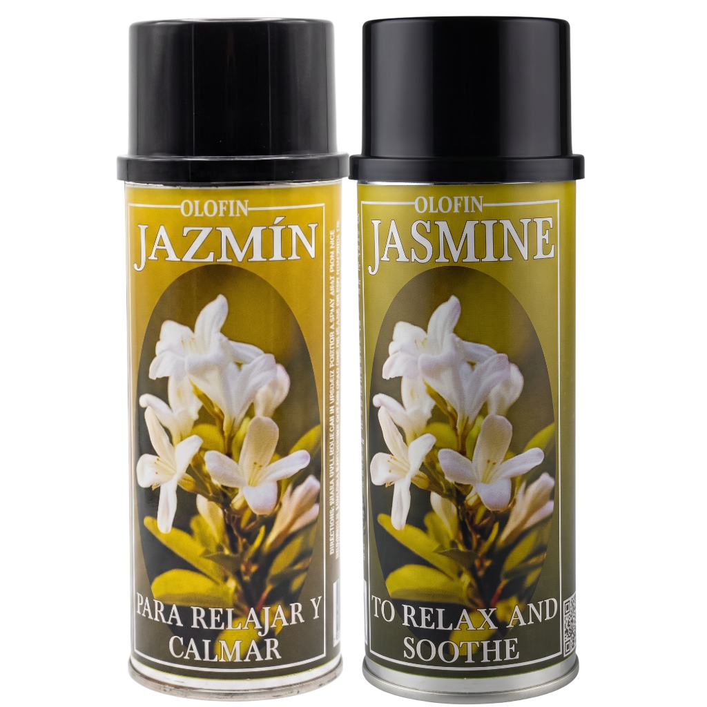 Two Olofin Jasmine Relax and Soothe spray cans with black caps, featuring a yellow and white floral label design, set against a plain white background.