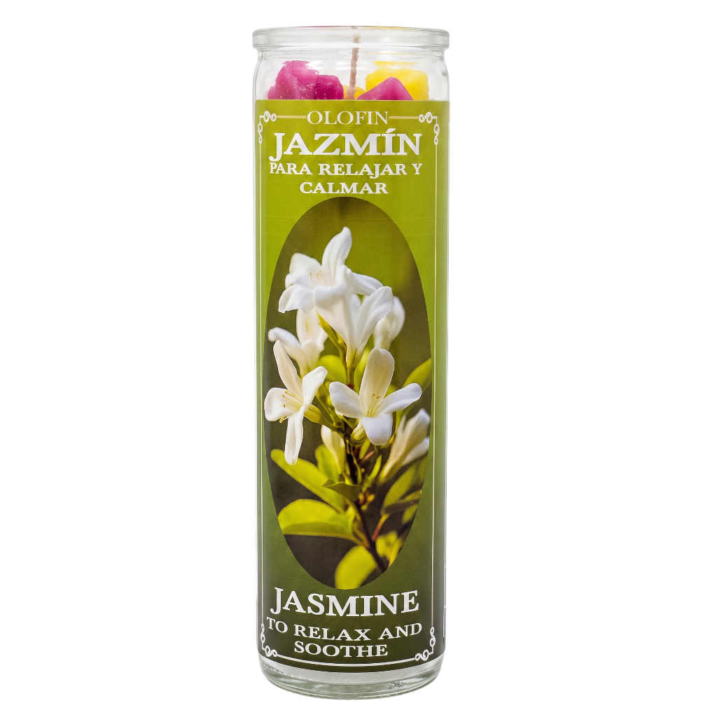 A tall glass jar candle labeled 'Olofin Jazmín' and 'JASMINE TO RELAX AND SOothe', with white jasmine flowers printed on the green label and pink and yellow flower petals visible at the top inside a clear container.