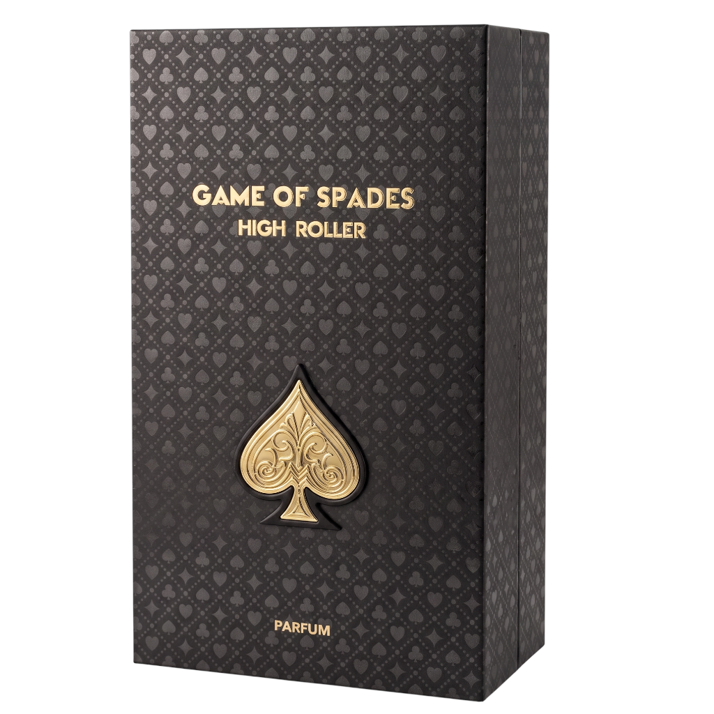 A rectangular perfume box for 'Game of Spades High Roller' with a dark textured pattern and metallic gold lettering and spade emblem, shown on a plain white background.