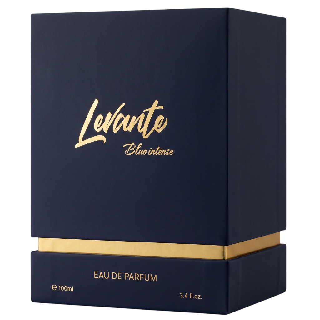 Levante Blue Intense Eau de Parfum box in dark navy blue with gold foil lettering and a gold band, shown on a white background.