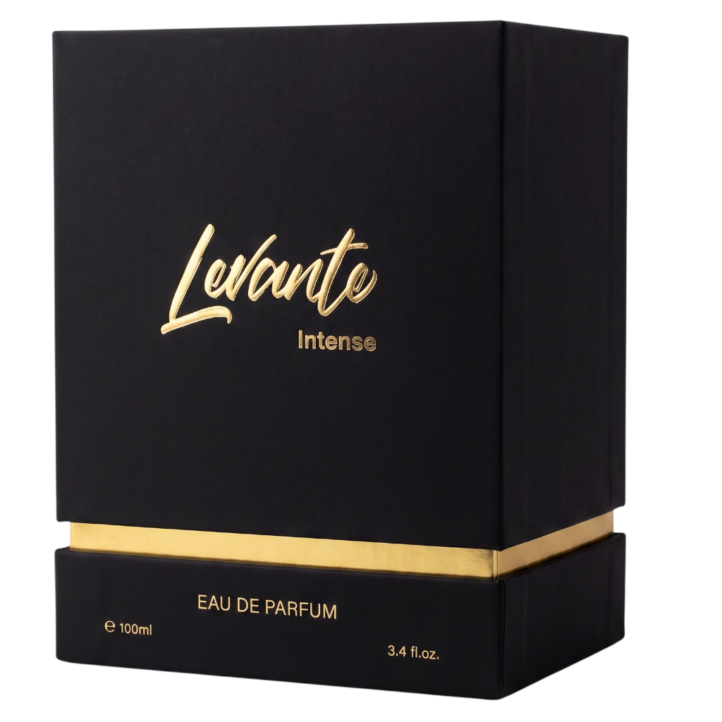 Black rectangular perfume box with metallic gold foil lettering reading 'Levante Intense' and a gold band around the lower section, shown on a white background.