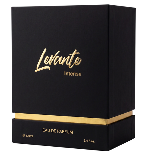 Black rectangular perfume box with metallic gold foil lettering reading 'Levante Intense' and a gold band around the lower section, shown on a white background.