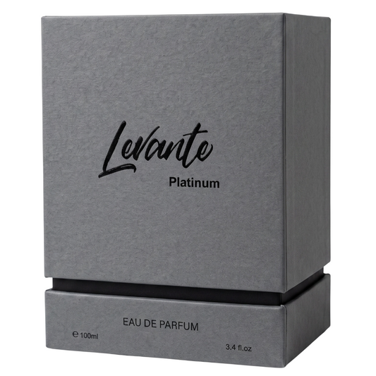 Gray rectangular perfume box for Levante Platinum Eau de Parfum, with black script branding and text on a white background.