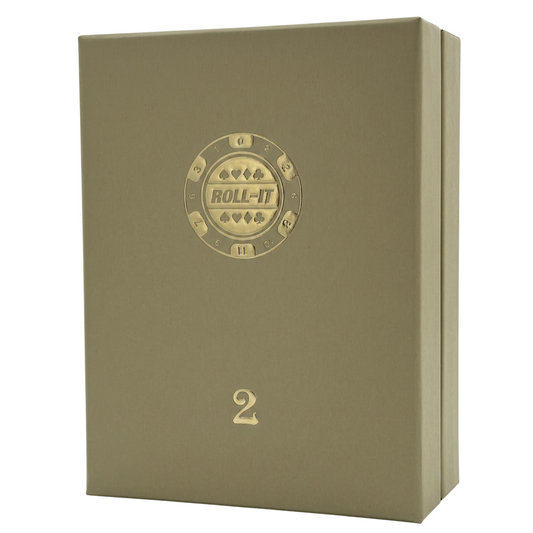 A rectangular metallic gold box with a circular embossed 'ROLL-IT' logo and the number '2' near the bottom, shown on a plain white background.