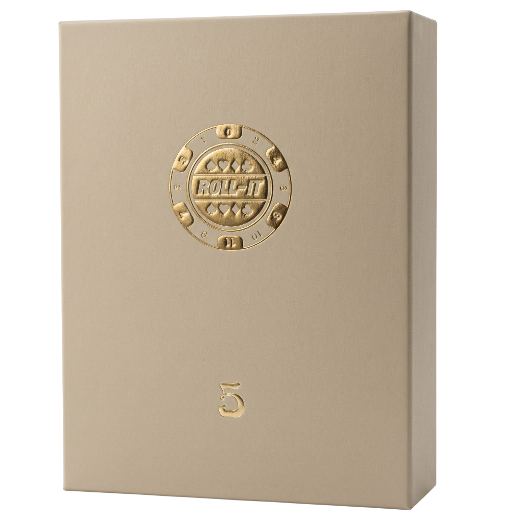 A rectangular beige gift box with a metallic gold embossed circular logo reading 'ROLL IT' and a gold number 5 near the bottom, shown on a plain white background.