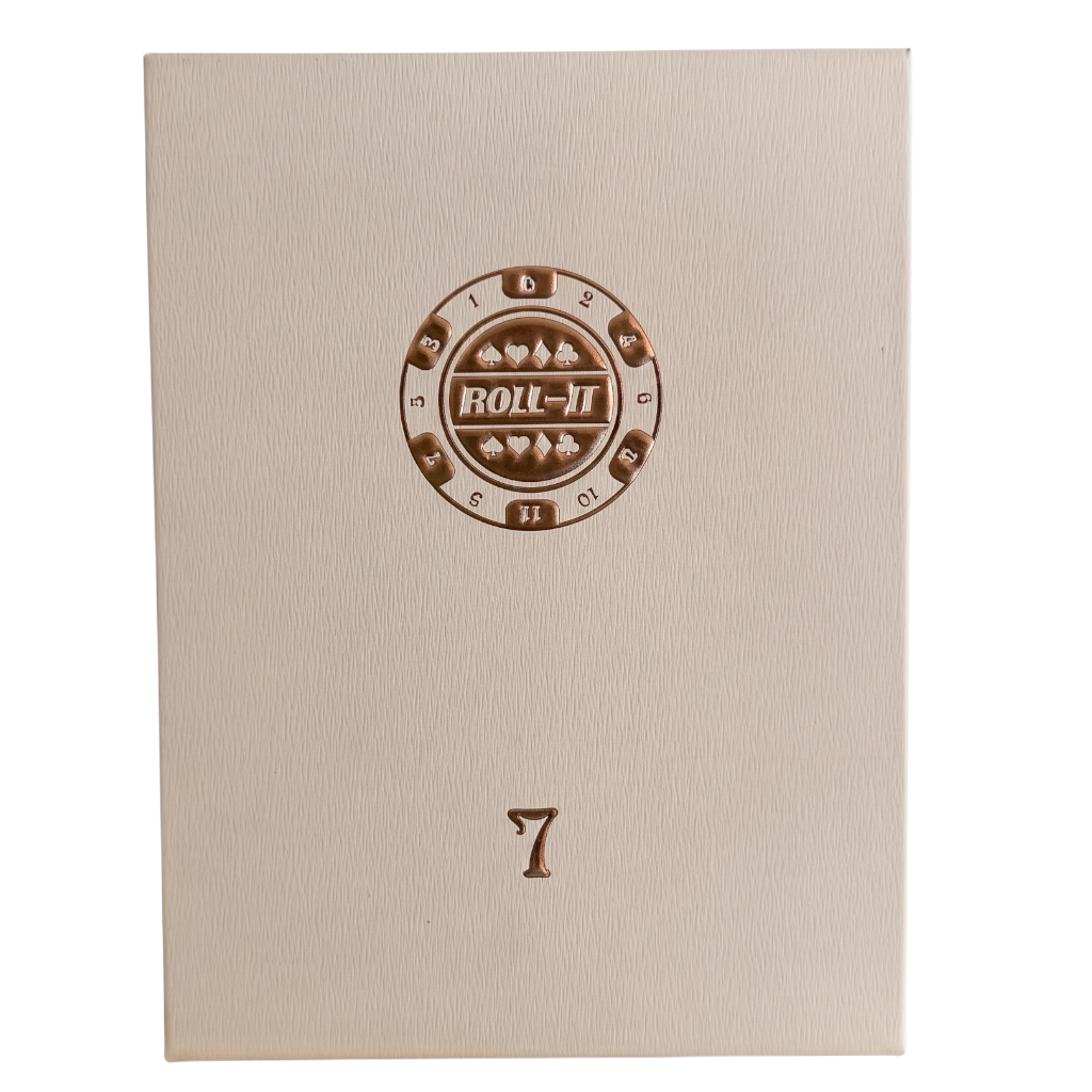 A cream-colored textured box with a circular brown and white 'ROLL-IT' logo near the top center and the embossed number '7' below it, shown against a plain white background.