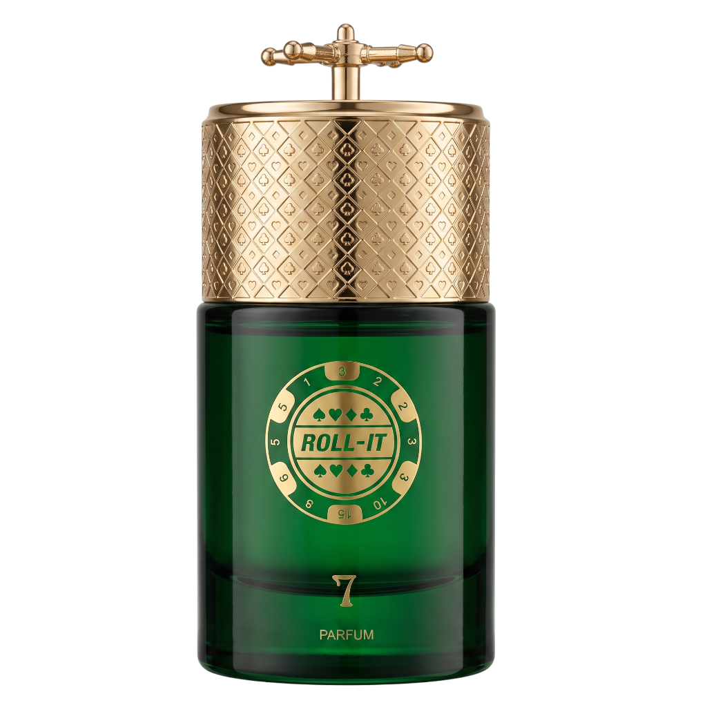 Roll It 7 Parfum bottle with a textured gold cap and a dark green glass body, featuring a gold circular logo on the front.